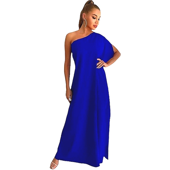 BEAUTIFUL ONE SHOULDER COBALT BLUE GODDESS GREEK STYLE DRESS NWOT - Picture 11 of 12